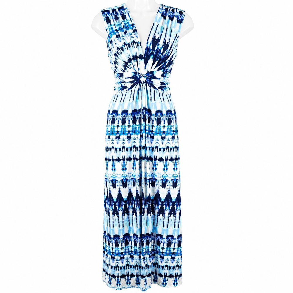 Eliza J Maxi Dress 6 Blue White Ikat Abstract Knot Front Sleeveless Stretch Boho